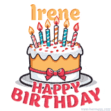 Cartoon birthday cake with a red bow, glowing candles, and 'Irene Happy Birthday' text in bold animated style.