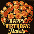 Beautiful bouquet of orange and red roses for Isabela, golden inscription and twinkling stars