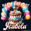 Hand-drawn happy birthday cake adorned with an arch of colorful balloons - name GIF for Isabela
