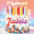 Personalized for Isabela elegant birthday cake adorned with rainbow sprinkles, colorful candles and glitter