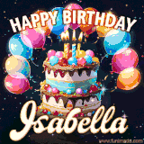 Bright birthday animation for Isabella with a chocolate cake, candles, balloons, and glowing celebratory lights.