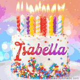 A cheerful white birthday cake with multicolor sprinkles, lit candles, and 'Isabella' written in vibrant letters, in an animated GIF.