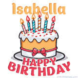 Cartoon birthday cake with a red bow, glowing candles, and 'Isabella Happy Birthday' text in bold animated style.