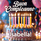 Birthday cake topped with pink and yellow lit candles, surrounded by glowing bokeh lights and party balloons. The greeting 'Buon Compleanno Isabella GIF!' is displayed.