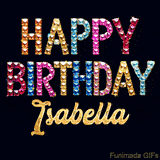 Vibrant luxury birthday greeting card for Isabella, showing glittering gemstone letters and golden calligraphy on a dark background with twinkling shine effects.