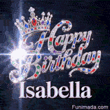 Happy Birthday Isabella animated image showcasing a glittering crown and white sparkling light effects.