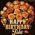 Beautiful bouquet of orange and red roses for Isla, golden inscription and twinkling stars