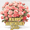 Birthday wishes to Isla with a charming GIF featuring pink roses, butterflies and golden quote