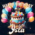 Hand-drawn happy birthday cake adorned with an arch of colorful balloons - name GIF for Isla