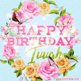 A charming animated GIF featuring 'Happy Birthday Ivvah' in pink and green text, surrounded by delicate roses, leaves, and fluttering butterflies on a soft light blue pastel background.