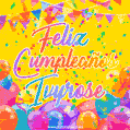 A bright and festive GIF with the text 'Feliz Cumpleaños Ivyrose' in Spanish in colorful fonts, surrounded by confetti, balloons, and festive banners on a vibrant yellow background.