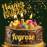 A delightful chocolate birthday cake with bright candles and 'Happy Birthday Ivyrose' written in gold amidst a shower of animated stars.