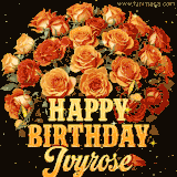 Animated bouquet of orange roses with moving butterfles and golden 'Happy Birthday Ivyrose' text, surrounded by sparkling accents and a dark backdrop for a luxurious feel.