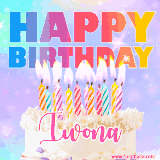 A vibrant animated name GIF with the words 'Happy Birthday Iwona' with colorful candles on a creamy cake. The background sparkles with pastel shades, adding a festive touch.