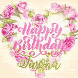 A stunning heart made of pink roses surrounds the elegant script text 'Happy Birthday Iwona' on a soft beige background. Animated sparkles add a magical and festive feel.