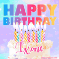 Animated Happy Birthday Cake with Name Ixone and Burning Candles
