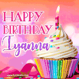 A vibrant birthday GIF featuring a rainbow-colored cupcake topped with white frosting, sprinkles, and a lit candle. The text reads 'Happy Birthday Iyanna' in bold pink and violet letters with white outline.
