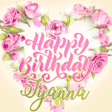 A stunning heart made of pink roses surrounds the elegant script text 'Happy Birthday Iyanna' on a soft beige background. Animated sparkles add a magical and festive feel.