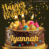 A delightful chocolate birthday cake with bright candles and 'Happy Birthday Iyannah' written in gold amidst a shower of animated stars.