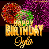 A golden 'Happy Birthday Iyla' message with vibrant fireworks in the background, creating a festive and celebratory vibe in this animated name GIF.