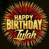 Golden 'Happy Birthday Iylah' text accompanied by animated rainbow fireworks for a festive animated greeting.