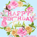 A charming animated GIF featuring 'Happy Birthday Iylah' in pink and green text, surrounded by delicate roses, leaves, and fluttering butterflies on a soft light blue pastel background.