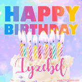A vibrant animated name GIF with the words 'Happy Birthday Iyzebel' with colorful candles on a creamy cake. The background sparkles with pastel shades, adding a festive touch.
