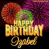 A golden 'Happy Birthday Izabel' message with vibrant fireworks in the background, creating a festive and celebratory vibe in this animated name GIF.