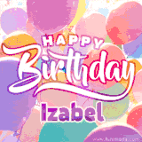 A vibrant name GIF featuring colorful balloons in shades of pink, orange, and yellow with the bold text 'Happy Birthday Izabel' in festive fonts, creating a lively birthday vibe.