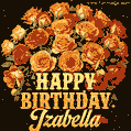 Beautiful bouquet of orange and red roses for Izabella, golden inscription and twinkling stars