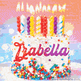 Personalized for Izabella elegant birthday cake adorned with rainbow sprinkles, colorful candles and glitter