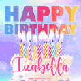 Animated Happy Birthday Cake with Name Izabella and Burning Candles