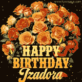 Animated bouquet of orange roses with moving butterfles and golden 'Happy Birthday Izadora' text, surrounded by sparkling accents and a dark backdrop for a luxurious feel.
