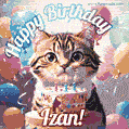Happy birthday gif for Izan with cat and cake