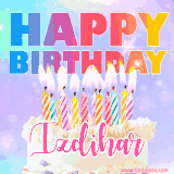 A vibrant animated name GIF with the words 'Happy Birthday Izdihar' with colorful candles on a creamy cake. The background sparkles with pastel shades, adding a festive touch.