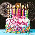 Amazing Animated GIF Image for Izik with Birthday Cake and Fireworks