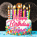 Amazing Animated GIF Image for Izyan with Birthday Cake and Fireworks