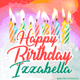 Bright birthday candles with rainbow flames on a cake, alongside the text 'Happy Birthday Izzabella' in vibrant script in this celebratory animated GIF.