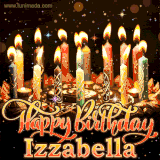 A glowing personalized birthday GIF with name Izzabella featuring lit candles with intricate designs, warm lighting, and the text 'Happy Birthday' in an elegant font.