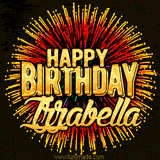 Golden 'Happy Birthday Izzabella' text accompanied by animated rainbow fireworks for a festive animated greeting.
