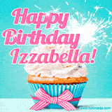 A festive cupcake with pink icing, a gingham bow, and a lit animated sparkler, paired with 'Happy Birthday Izzabella!' in bright pink text.