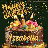 A delightful chocolate birthday cake with bright candles and 'Happy Birthday Izzabella' written in gold amidst a shower of animated stars.