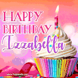 A vibrant birthday GIF featuring a rainbow-colored cupcake topped with white frosting, sprinkles, and a lit candle. The text reads 'Happy Birthday Izzabella' in bold pink and violet letters with white outline.