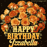 Animated bouquet of orange roses with moving butterfles and golden 'Happy Birthday Izzabella' text, surrounded by sparkling accents and a dark backdrop for a luxurious feel.