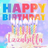 A vibrant animated name GIF with the words 'Happy Birthday Izzabella' with colorful candles on a creamy cake. The background sparkles with pastel shades, adding a festive touch.