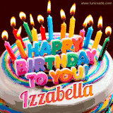 A colorful birthday cake topped with lit candles, with the words 'Happy Birthday Izzabella' in bold glowing letters on a burgundy background. Animated flames add a festive touch.