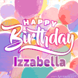 A vibrant name GIF featuring colorful balloons in shades of pink, orange, and yellow with the bold text 'Happy Birthday Izzabella' in festive fonts, creating a lively birthday vibe.