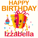 A vibrant and funny gift box character with a happy face dancing with a cupcake and the text 'Happy Birthday Izzabella,' surrounded by animated confetti and party vibes.