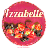 Beautifully decorated red velvet berry birthday cake with vibrant fruits and a glowing 'Izzabelle' name, adding a touch of sweetness and sparkle.
