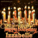 A glowing personalized birthday GIF with name Izzabelle featuring lit candles with intricate designs, warm lighting, and the text 'Happy Birthday' in an elegant font.